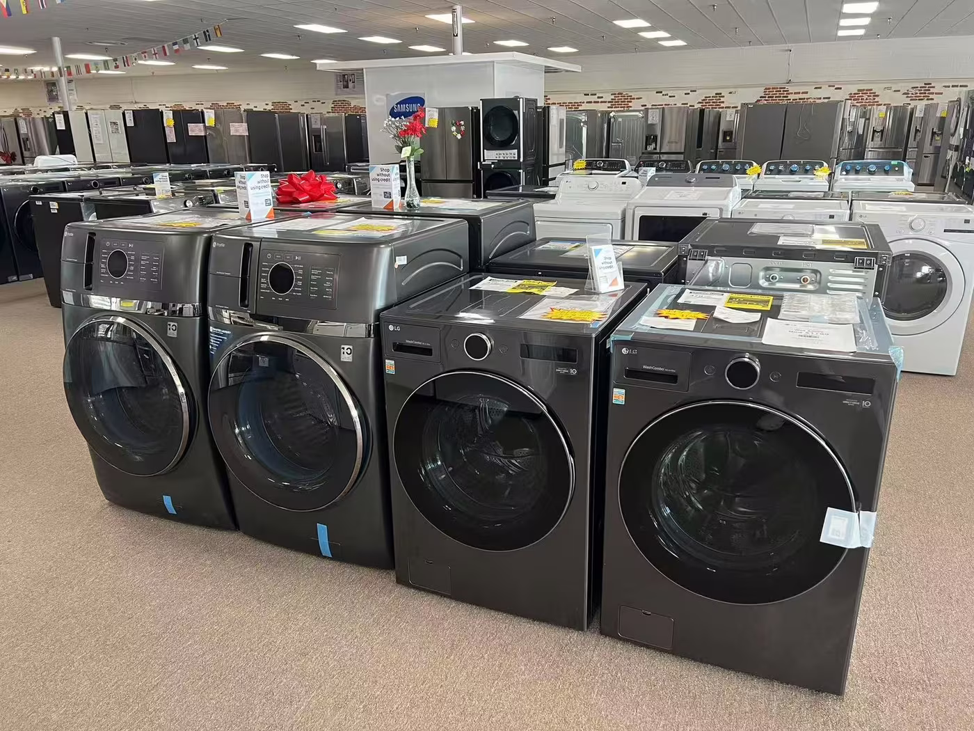 Front-load washers and dryers on the showroom floor