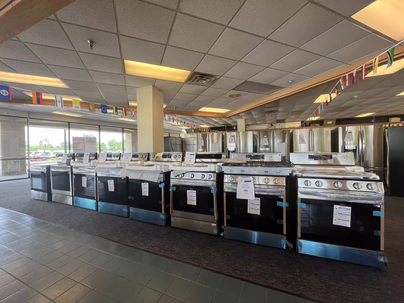 A long row of ranges on our showroom floor