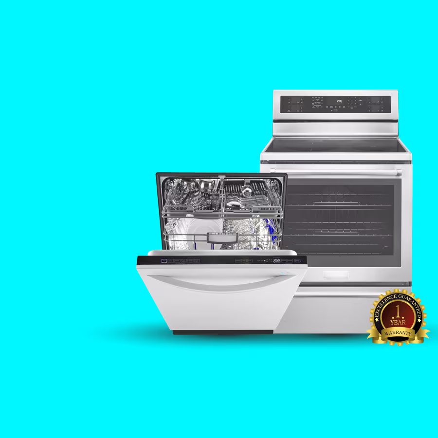 A dishwasher and a range with the 1-year warranty seal